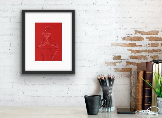 Erotic mixed media drawing - Nude woman - Red and white sensual portrait