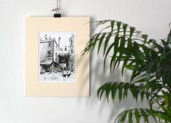 Walk in Venice, Venice Caffe, Original ink drawing.