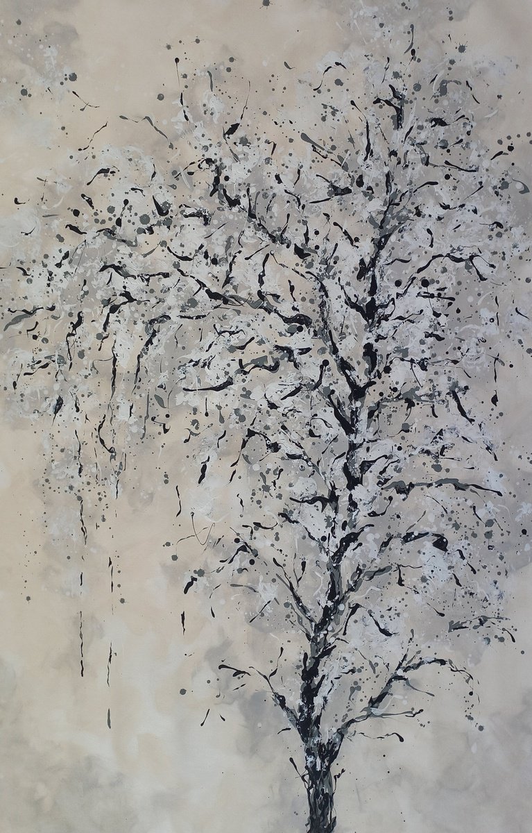 Abstract Botanical Acrylic Painting By Max Yaskin, 42 X 64", Winter Tree 2 By M.y., Original Artwork