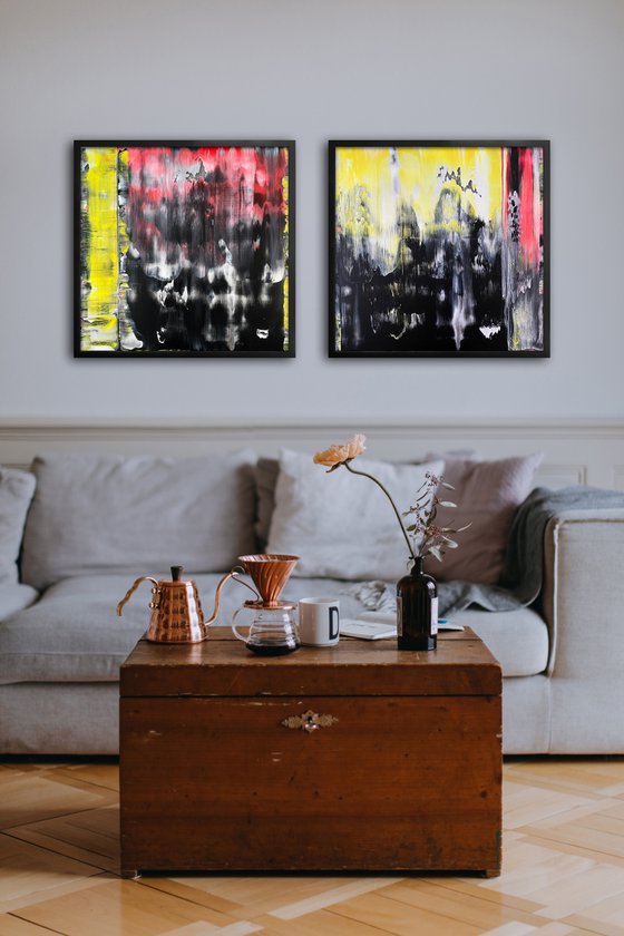 "We Mean It" - Save As A Series - Original PMS Abstract Diptych Acrylic Paintings On Plexiglass, Framed - 52" x 26"