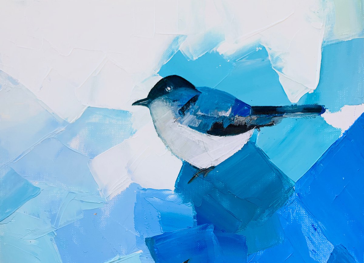 Winter la la land oil painting on paper / flying bird / bird in flight by Olha Gitman