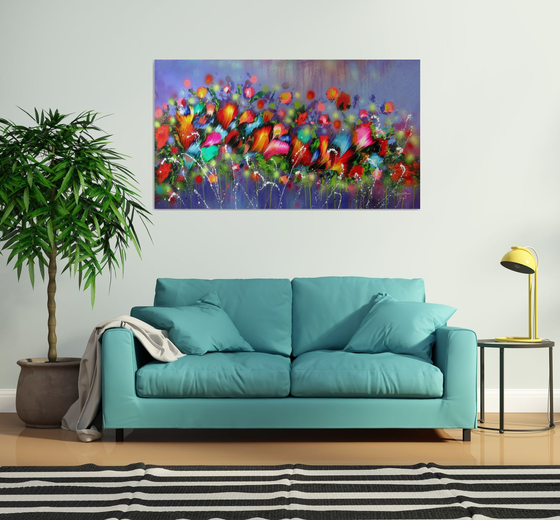 63" VERY LARGE Flowers Painting "Evening Song of Flowers"