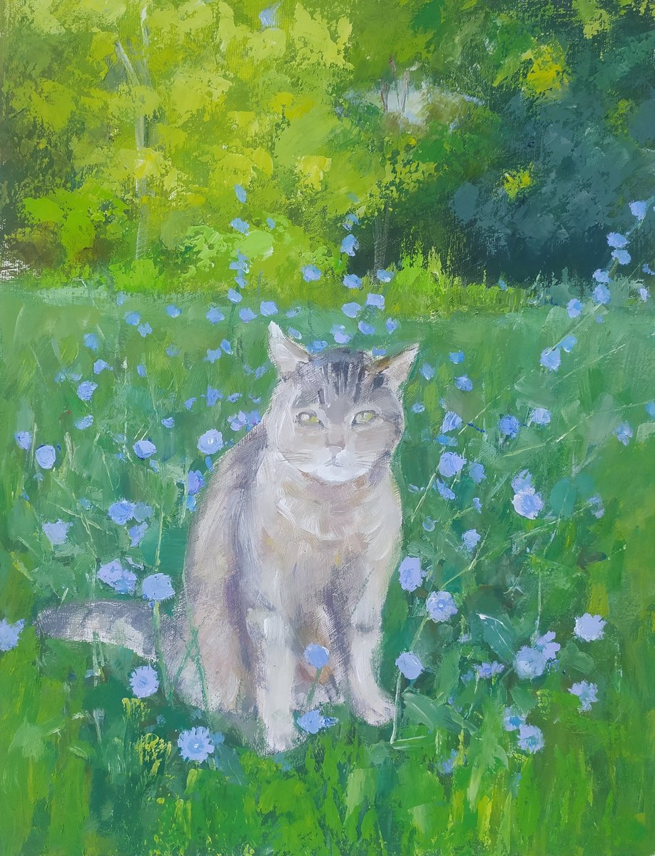 Impressionistic Animal Oil Painting By Valentina Andrukhova, 14 X 18", ?at In The Grass, Original Artwork