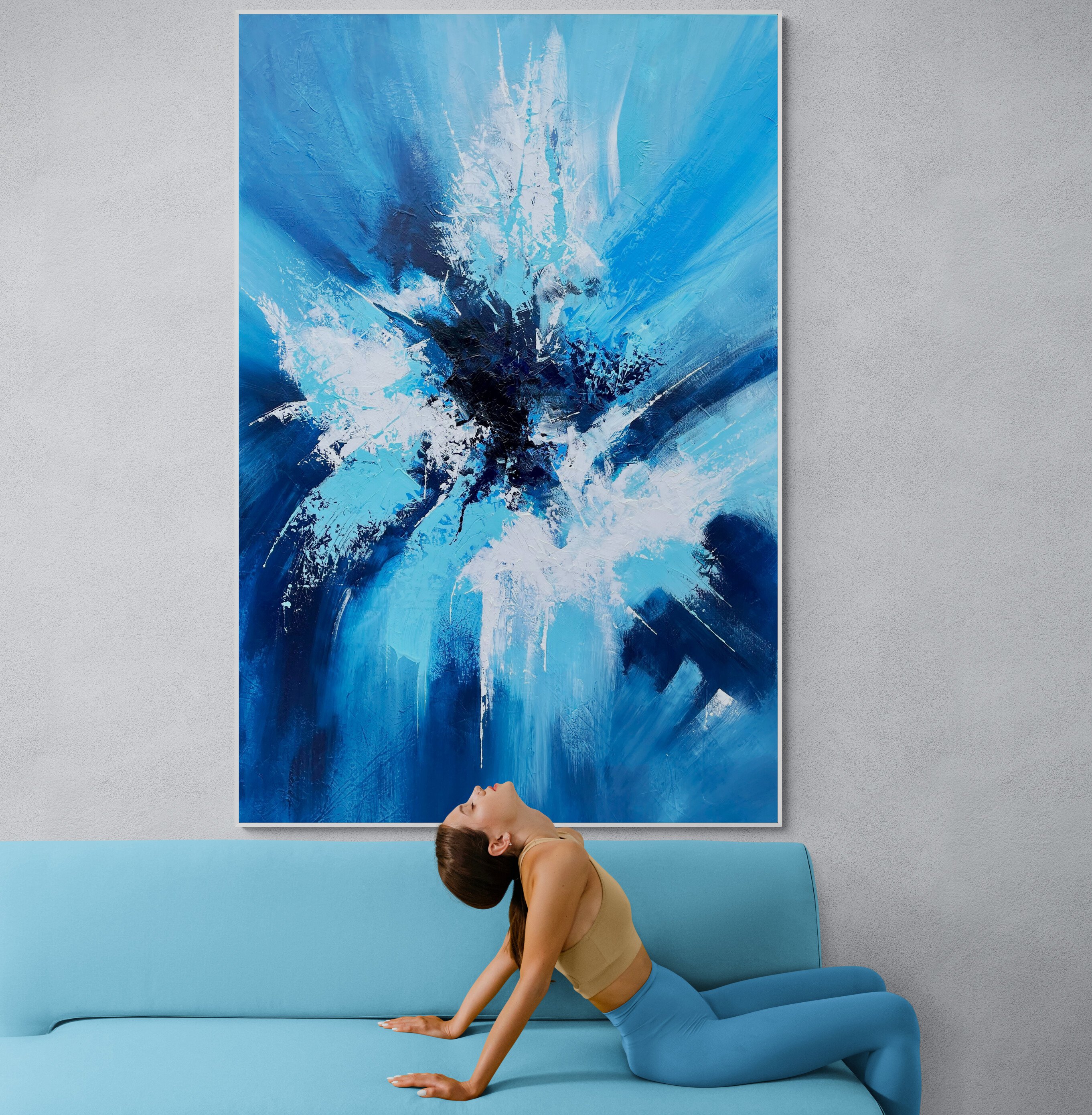 Abstract Acrylic Painting By Julijana Ravbar, 39 X 59", Blue Awakening, Original Artwork