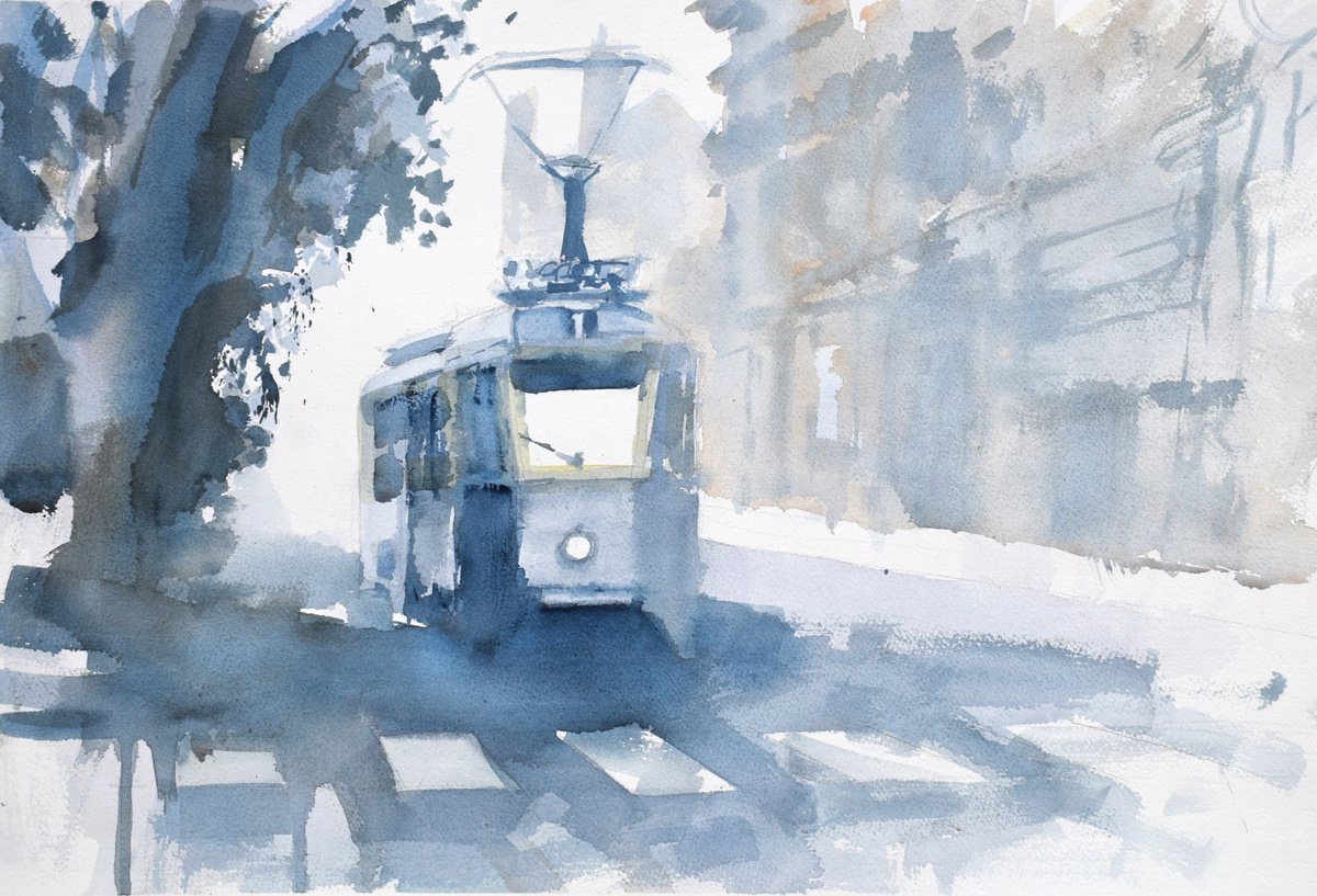 Blue tram... by Goran Zigolic Watercolors