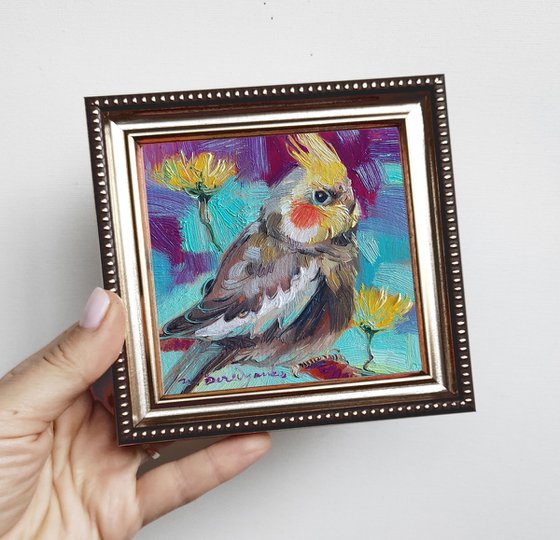 Parrot bird painting original small oil art framed 4x4 inch, Gray bird painting