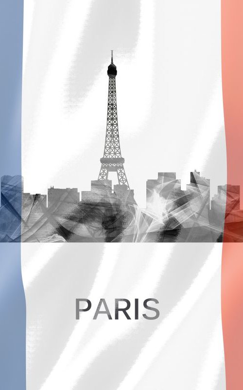 Paris, France Skyline WB BW with French Flag by Marlene Watson
