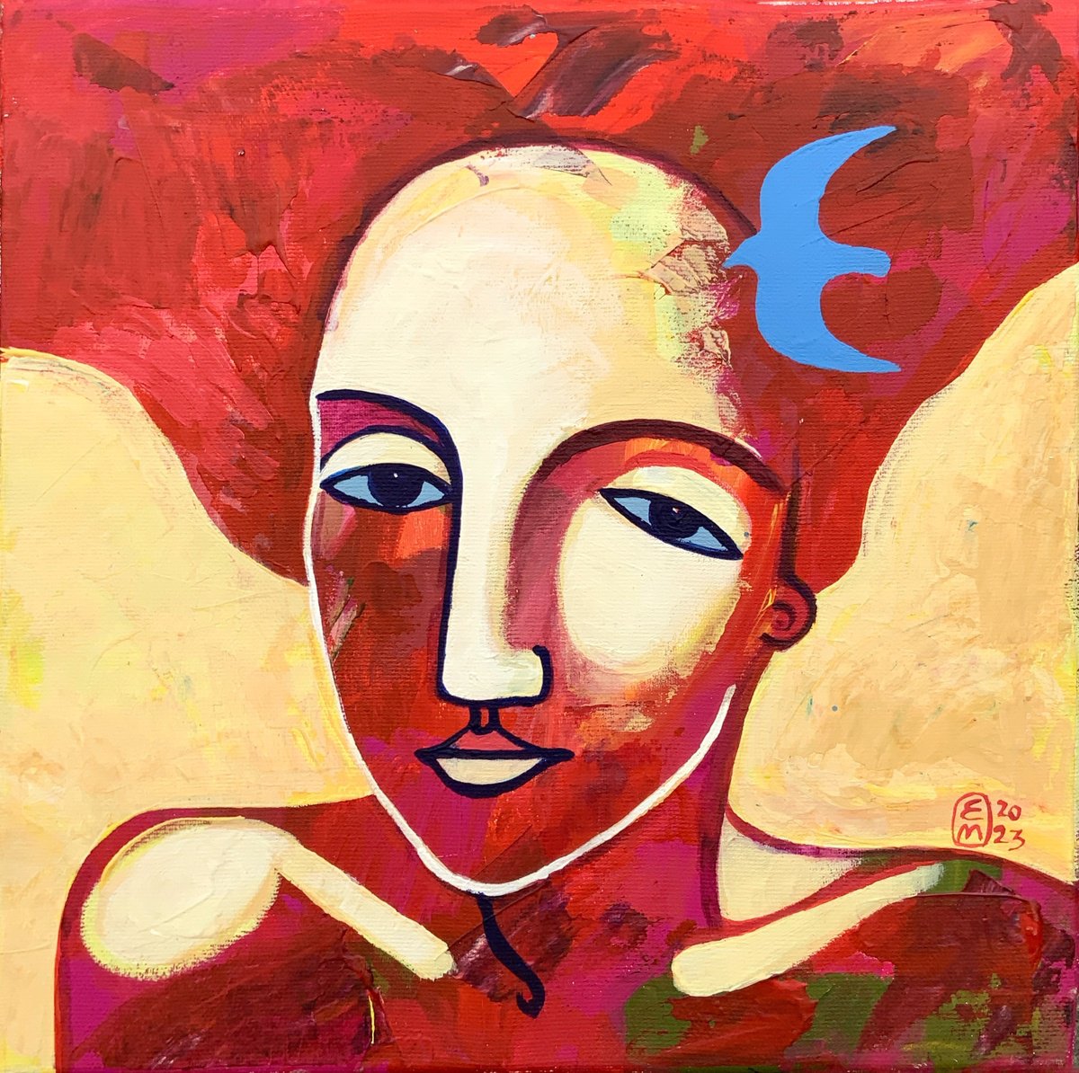 Naive Portrait Acrylic Painting By Elena Tomilova, 12 X 12, Blue Bird, Original Artwork