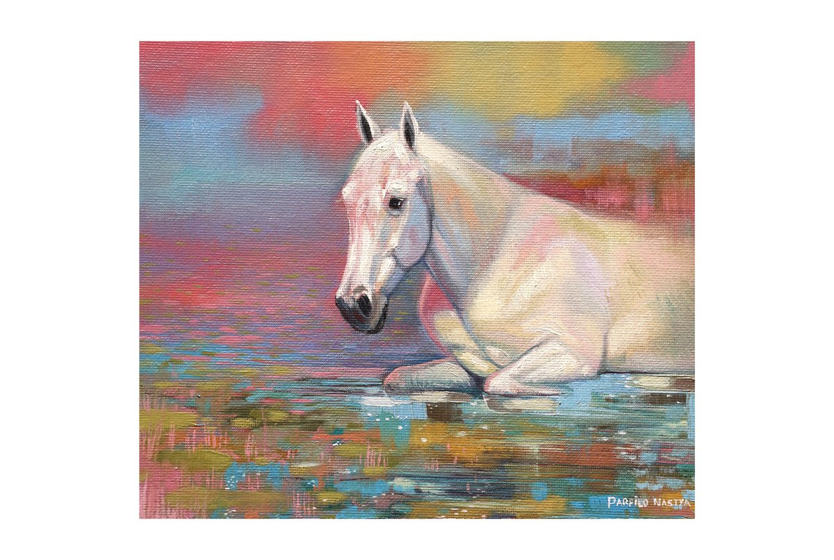 Impressionistic Animal Oil Painting By Anastasia Parfilo, 8 X 7, White Horse, Original Artwork