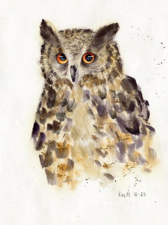 Watercolor portrait of an owl. Animalism. Original watercolor.