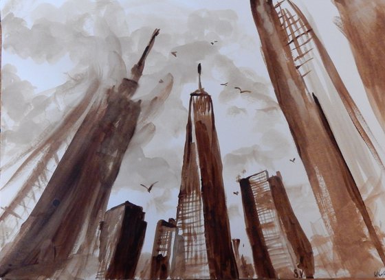 Skyscrapers. Coffee painting.