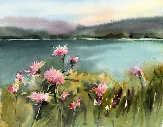 Watercolor lake and pink flowers, calming landscape