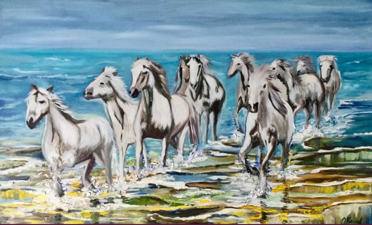 Impressionistic Animal Oil Painting By Olga Koval, 32 X 20", Running On The Waves, Original Artwork