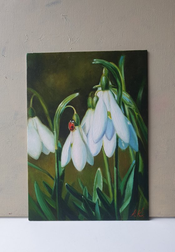 "Guest."  flower snowdrops ladybug  liGHt original painting  GIFT (2020)