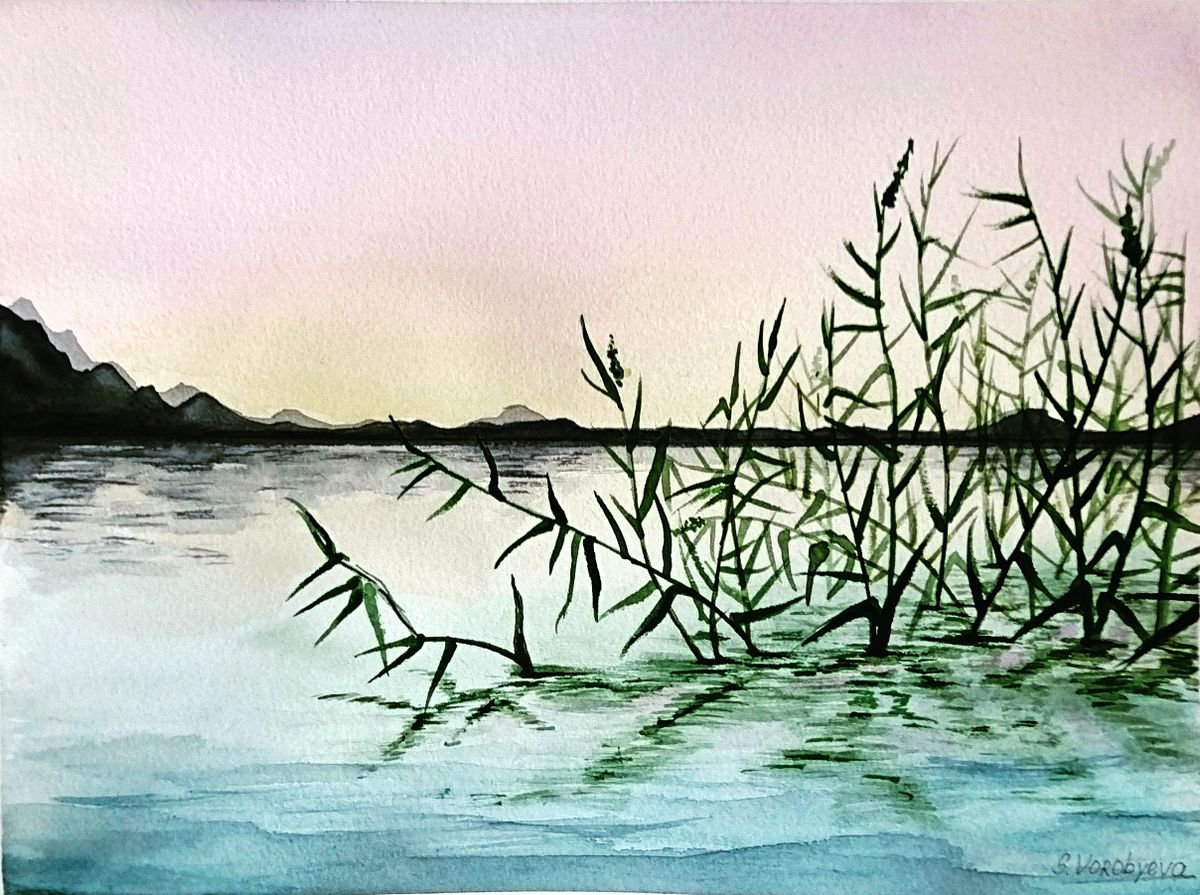 Lake. Watercolor painting on paper. Landscape. Original artwork by Svetlana Vorobyeva