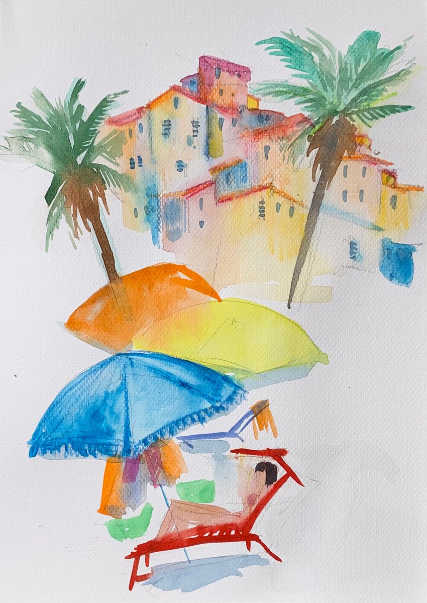 Expressive Landscape Watercolour By Olga Pascari, 8 X 12", On The Beach, Original Artwork