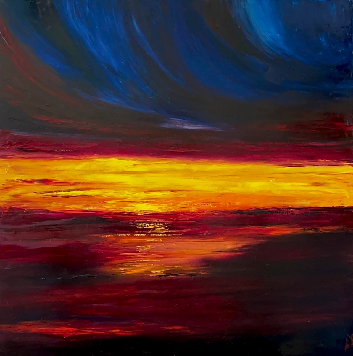 Expressive Landscape Oil Painting By Anastasiia Novitskaya, 47 X 47, Dramatic Sunset, Original Artwork