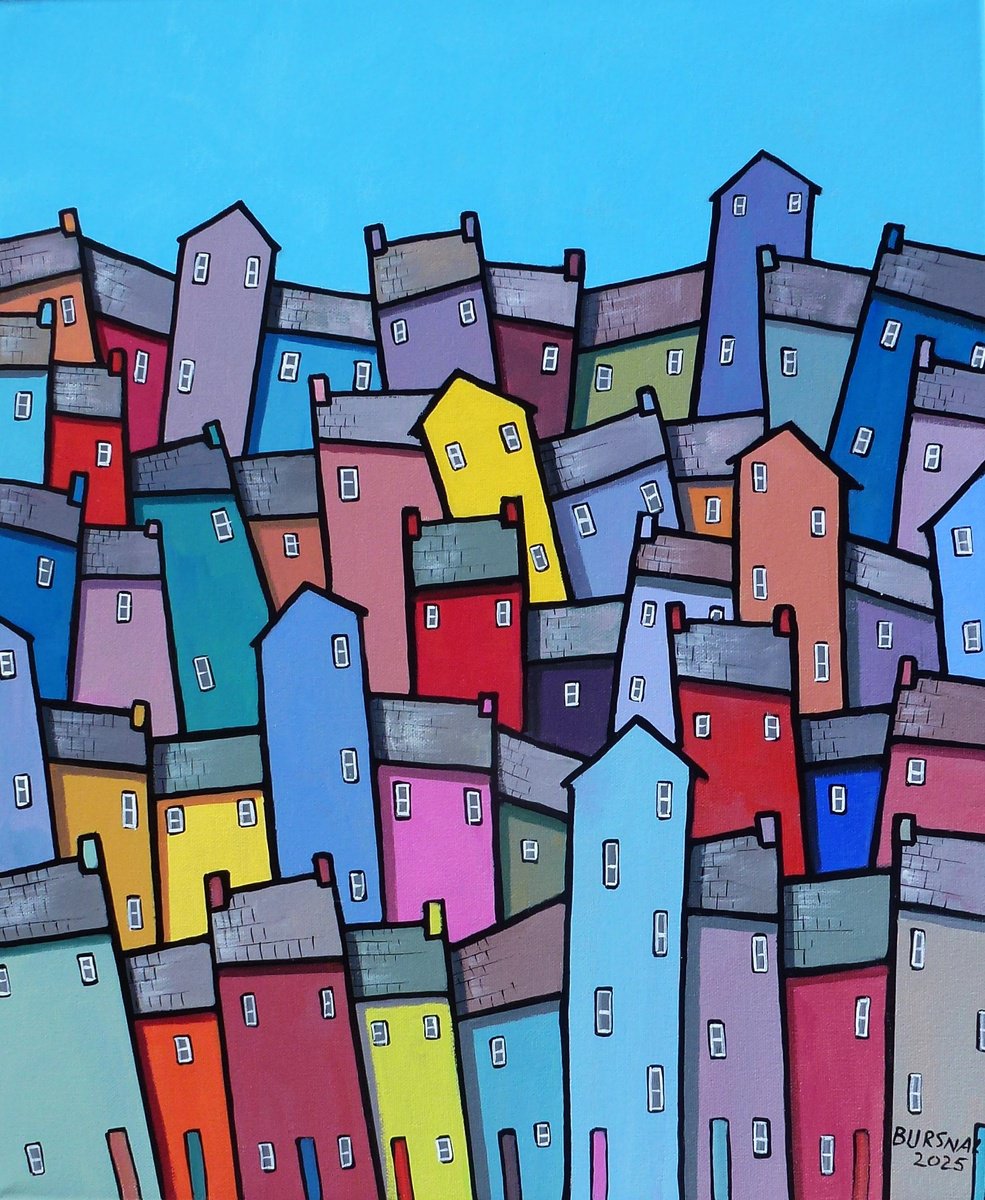 Naive Cityscapes Acrylic Painting By Paul Bursnall, 18 X 22", Tall Stories, Original Artwork
