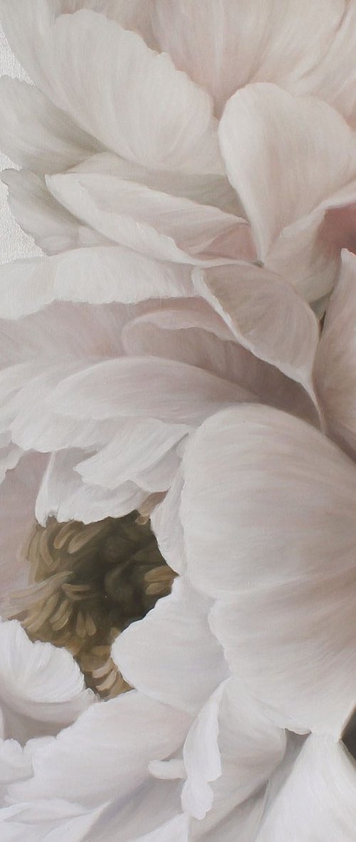 "Silk peonies" White silver oil flower art by Olha Tsapenko