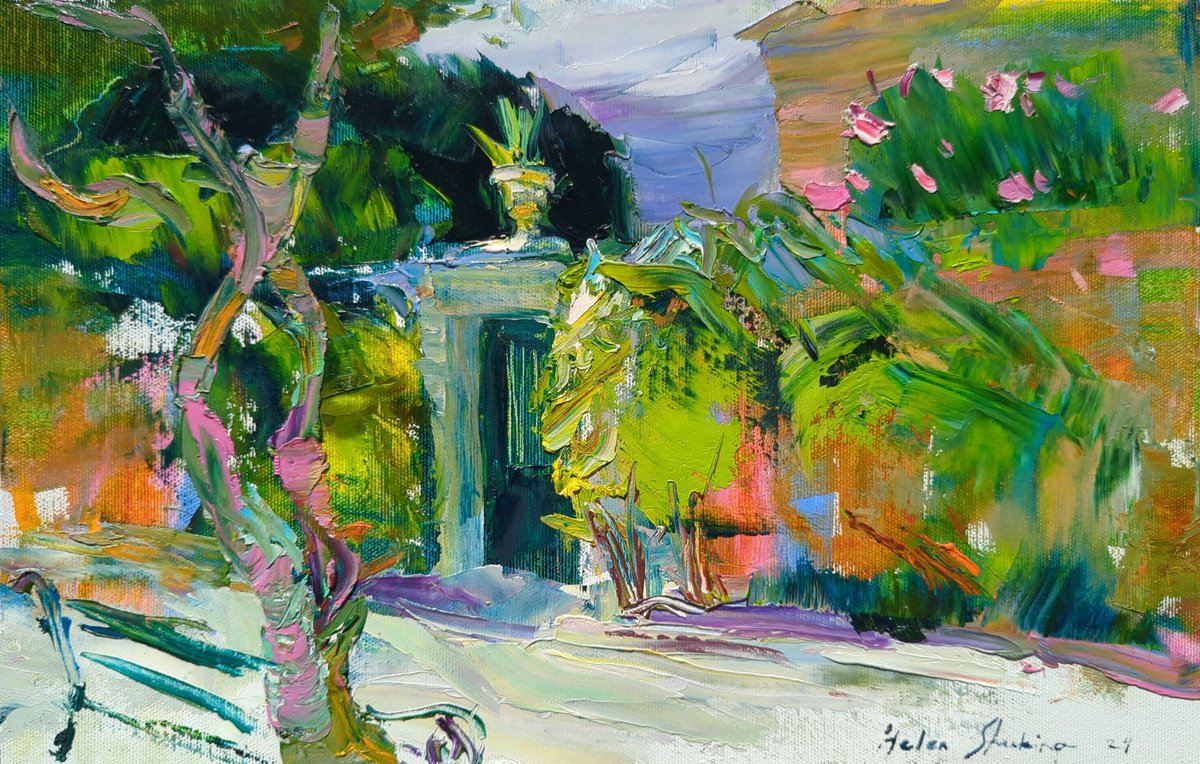 Impressionistic Landscape Oil Painting By Helen Shukina, 16 X 10, An Ancient Street By The Sea, Original Artwork