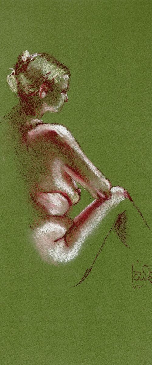 Georgie - female nude - side view - green background by Louise Diggle