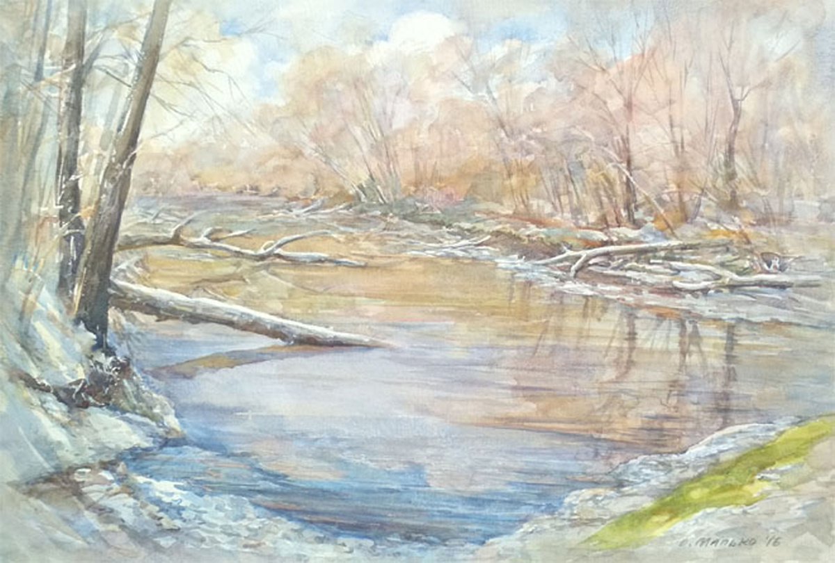 There where the beavers live / Last snow in the spring. River scene. Watercolor landscape by Olha Malko