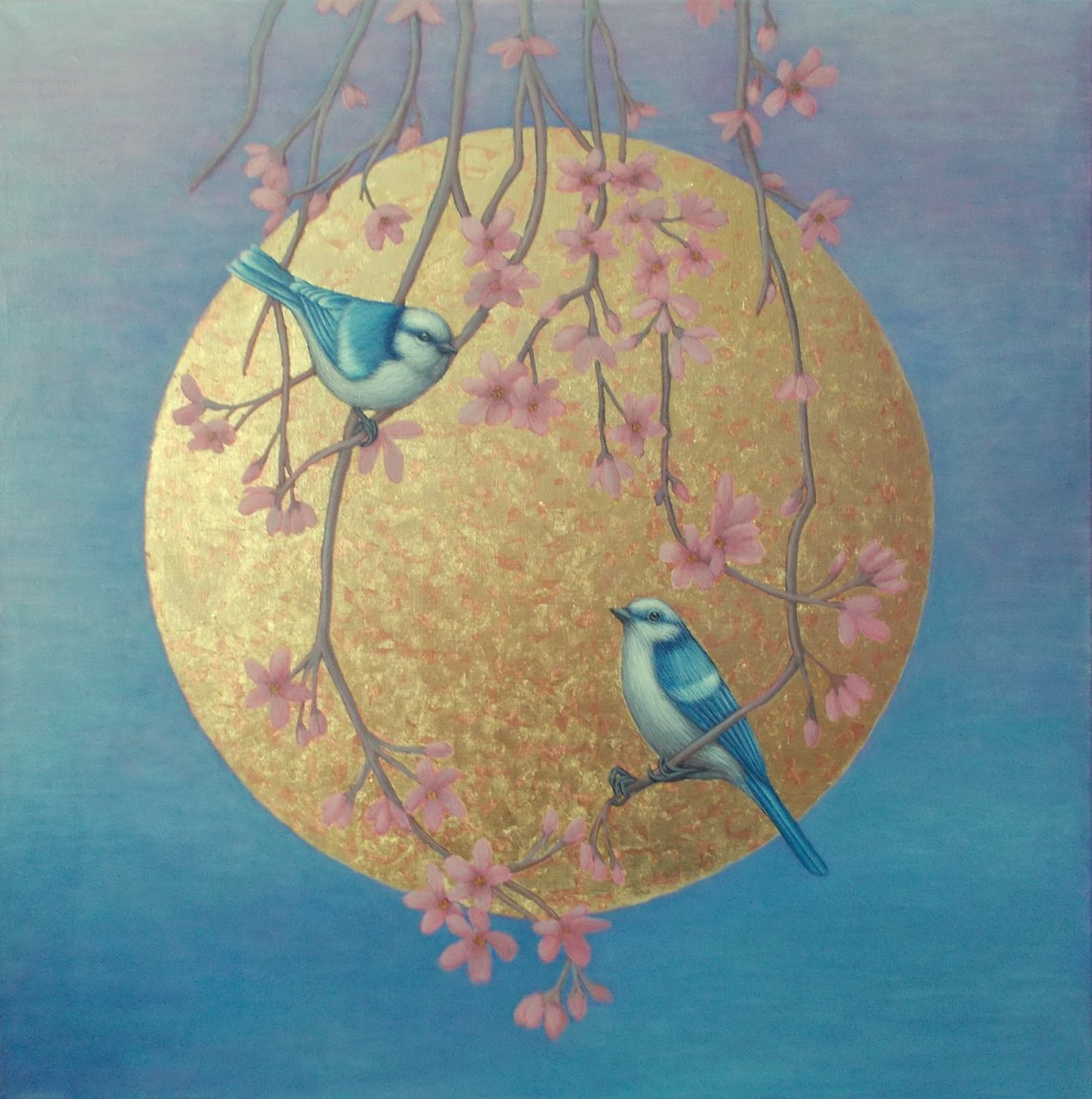 birds painting Birds on the branches of a blossoming apple tree by Tatyana Mironova