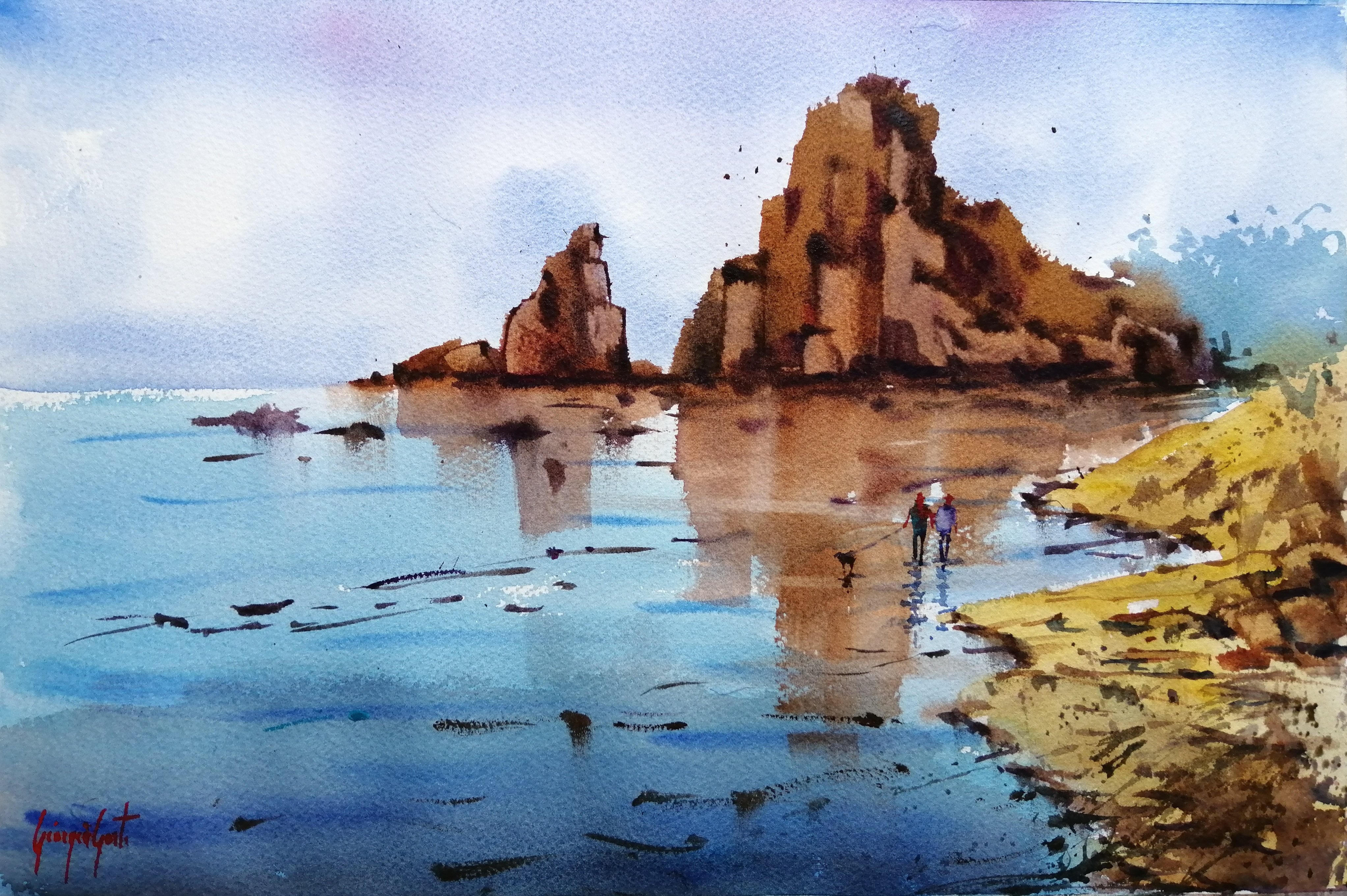 Impressionistic Watercolour , Walking On The Seashore By Giorgio Gosti, 21 X 14, Artwork For Sale On Artfinder