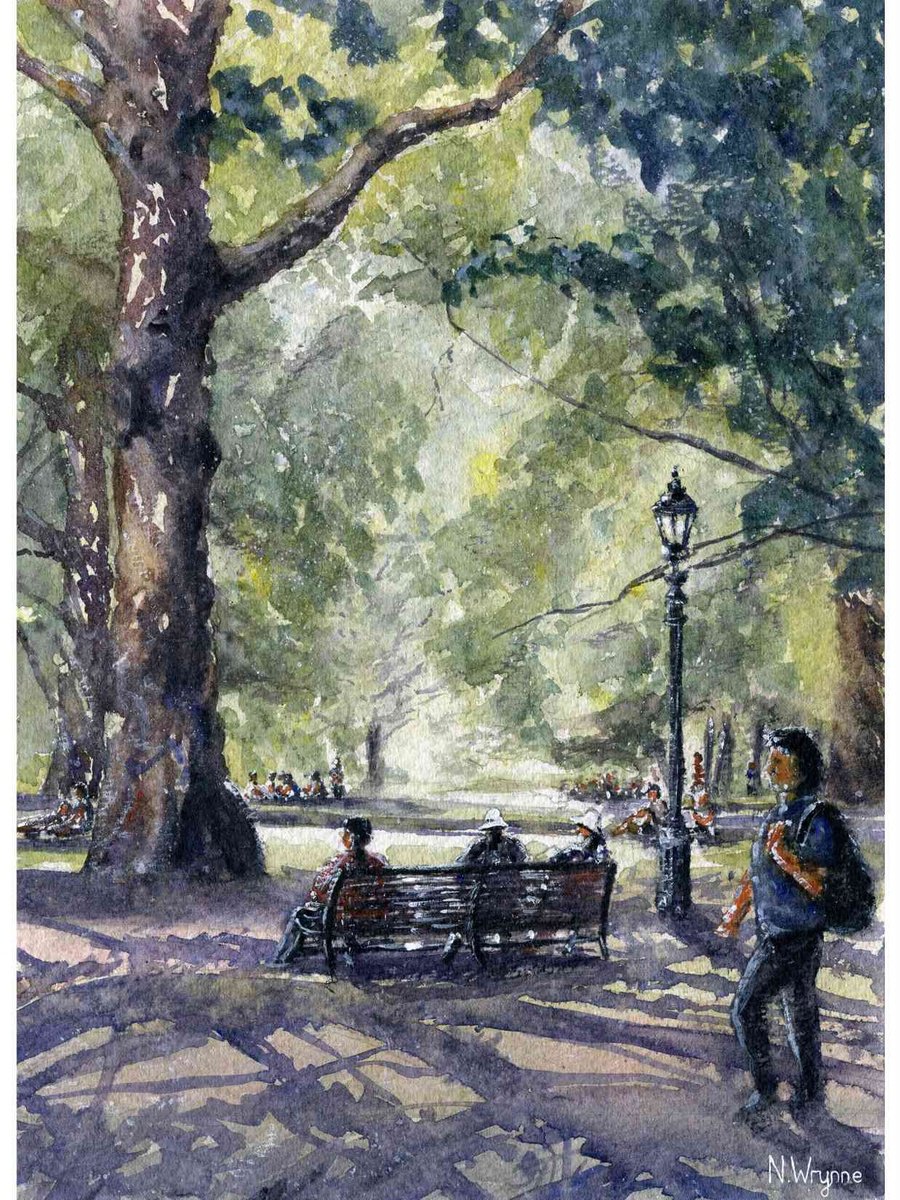 Impressionistic Landscape Watercolour By Neil Wrynne, 11 X 15", The Bench In The Park, Original Artwork