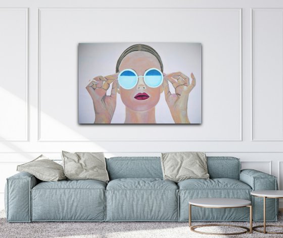 Extra large  painting, Girl with sunglasses / 140 x 90 x 5 cm