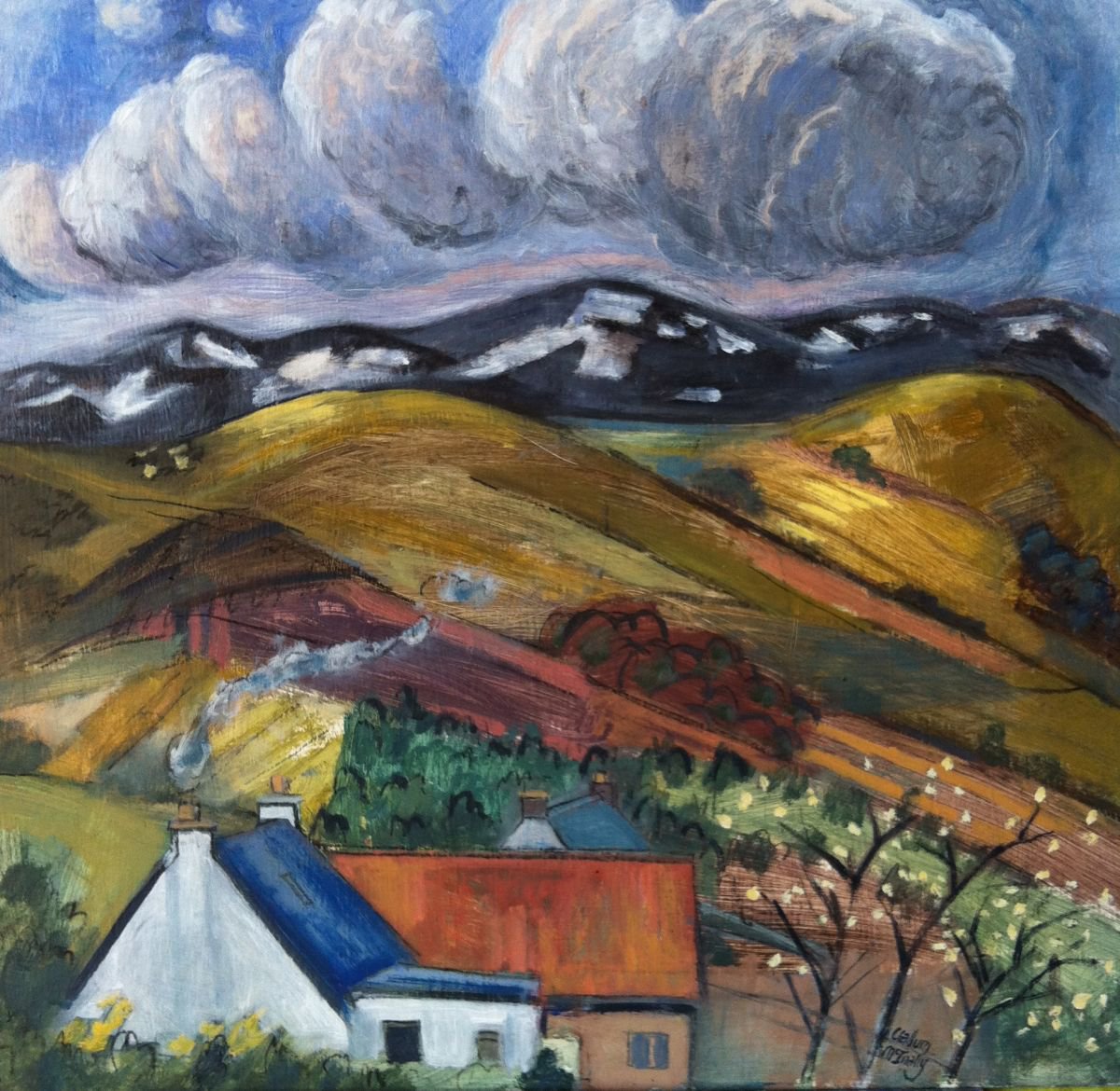 Impressionistic Landscape Oil Painting By Christine Callum Mcinally, 24 X 24, Black Isle Spring Snow, Original Artwork