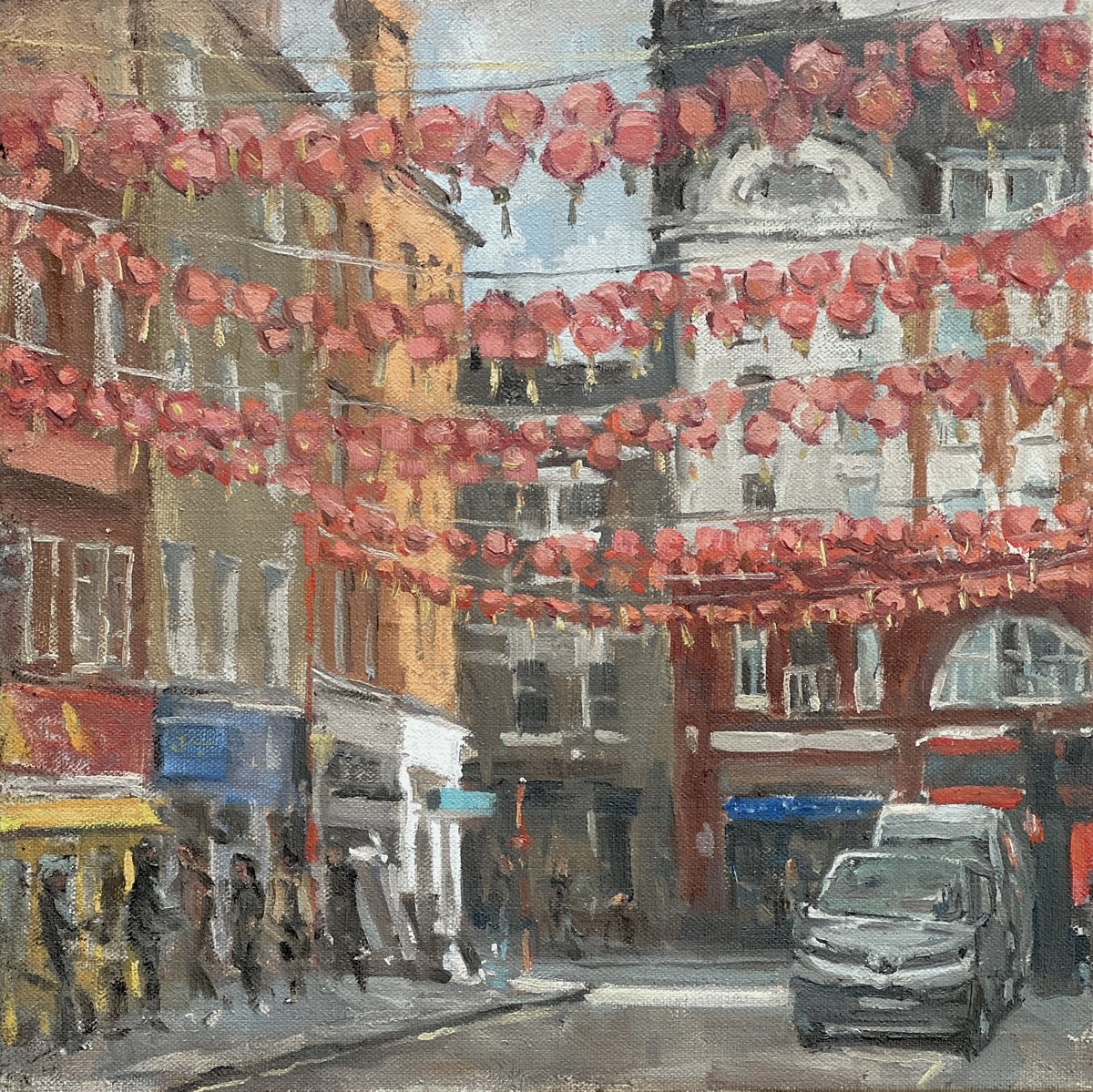 Impressionistic Cityscapes Oil Painting By Louise Gillard, 12 X 12", Chinatown, London, Original Artwork