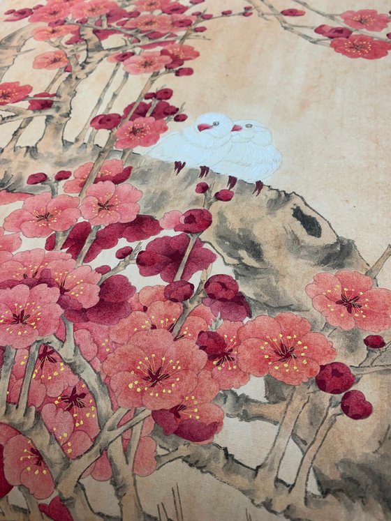 Love in the Red Plum Blossoms, Original Gongbi Brush Painting
