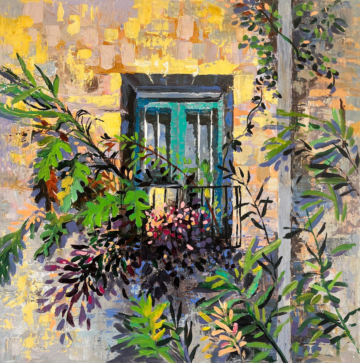 Impressionistic Cityscapes Acrylic Painting By Maria Kireev, 20 X 20", Windows Of Old Jaffa, Original Artwork
