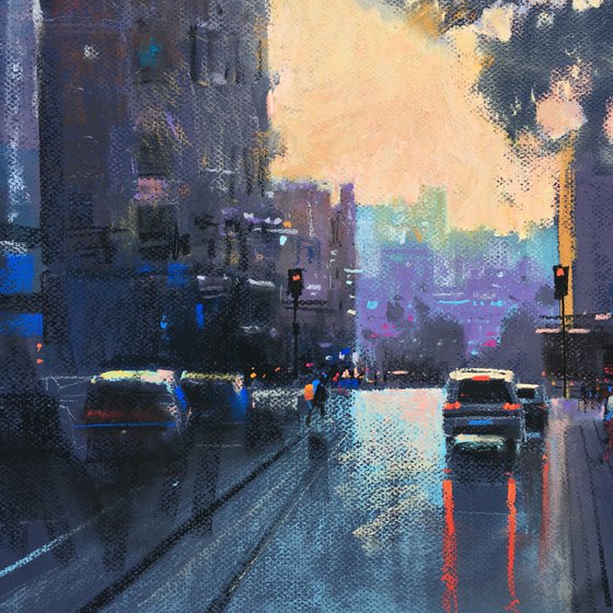 Ukrainian art Evening street in Kyiv, Ukraine. Soft pastel drawing 19.6x19.6 inch (50x50 cm)