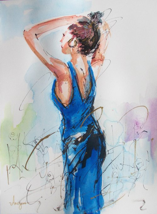 Blue Dress -Figurative Watercolor on paper by Antigoni Tziora