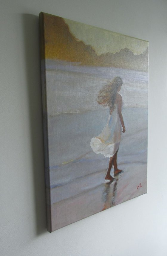 Summer Breeze-Impressionist beach figure oil painting. 45x61cm.