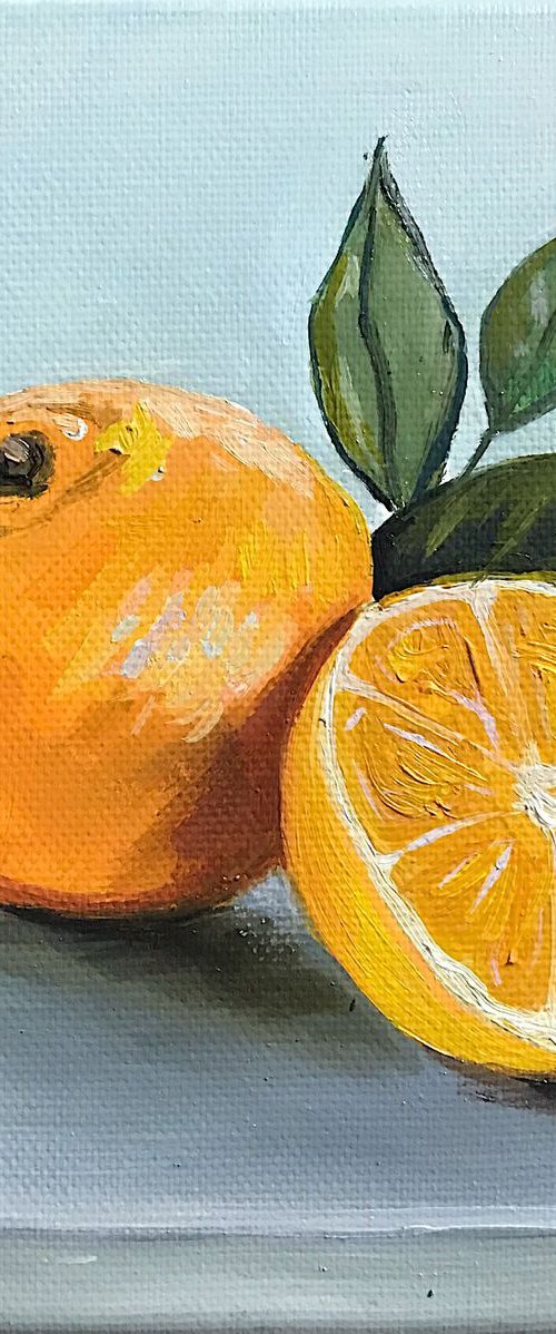 Tangerine Still life painting 15x15cm by Leysan Khasanova