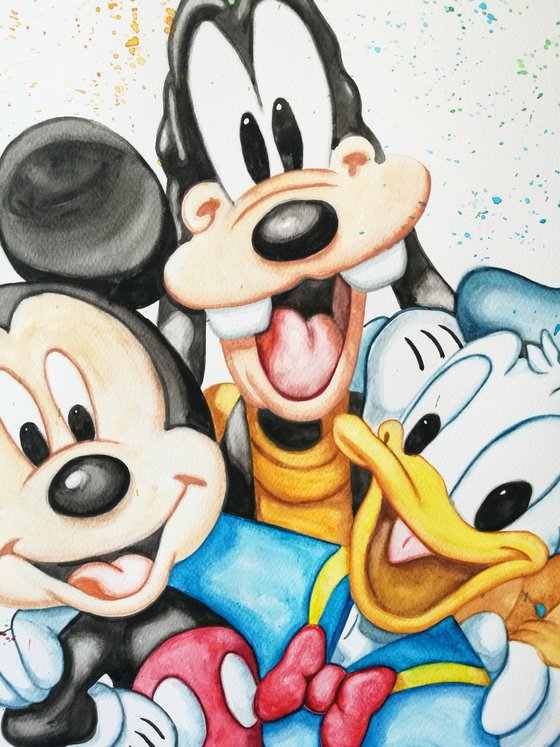 Old Friends. Mickey, Donald and Goofy Watercolour on paper. Free Worldwide Shipping