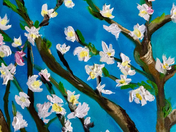 Almond blossom on turquoise inspired by Vincent Van Gogh oil painting ready to hang