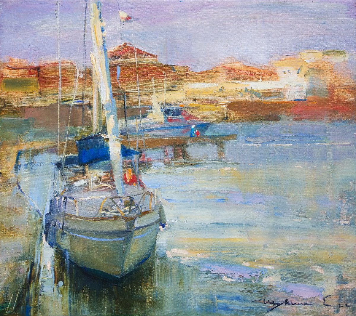Landscape Oil Painting By Helen Shukina, 16 X 14, Yacht . Italian Old City, Original Artwork