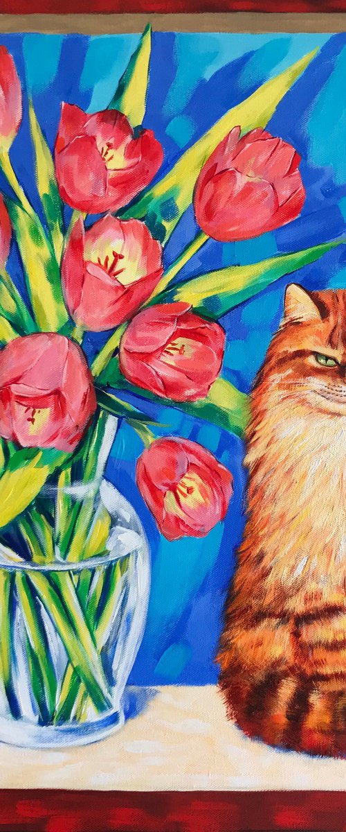 Spring Cat with Tulips by Irina Redine