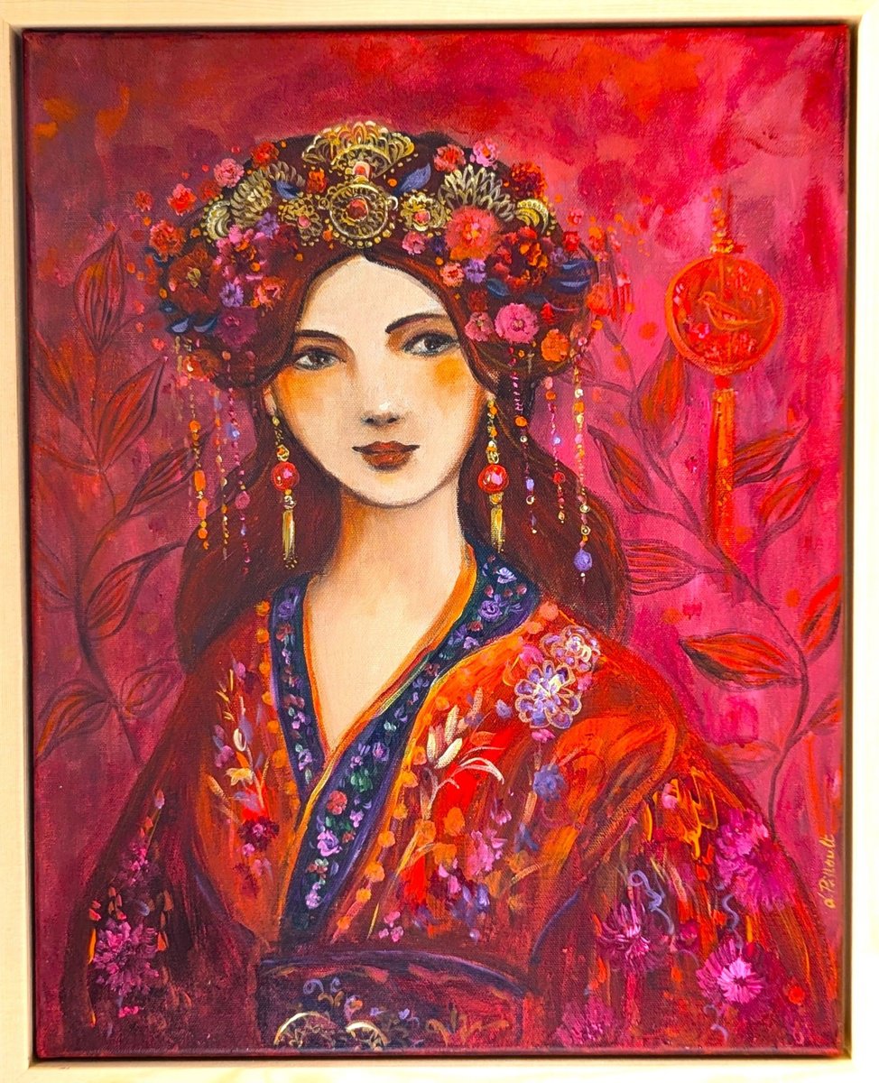 Illustrative Portrait Acrylic Painting By Loetitia Pillault, 17 X 21", Voyage Pourpre, Original Artwork