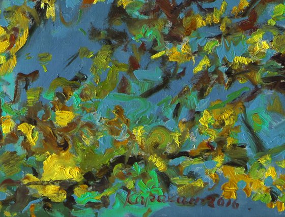 AUTUMN RHAPSODY. RELICT FOREST IN SAMUR - XXL large original painting, oil on canvas,  plants trees, blue yellow, ecology, love, landscape, impressionism,  interior art