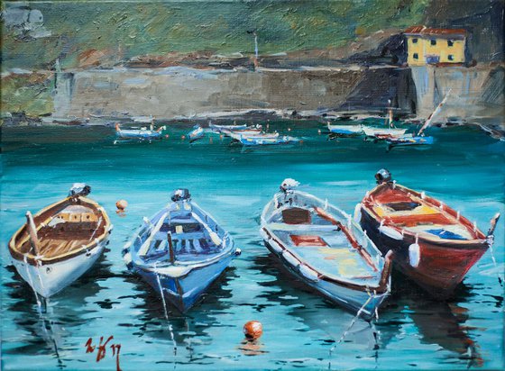 Boats in Vernazza. Original oil artwork. Seaside landscape. Italy impresssionism turquoise sea colors