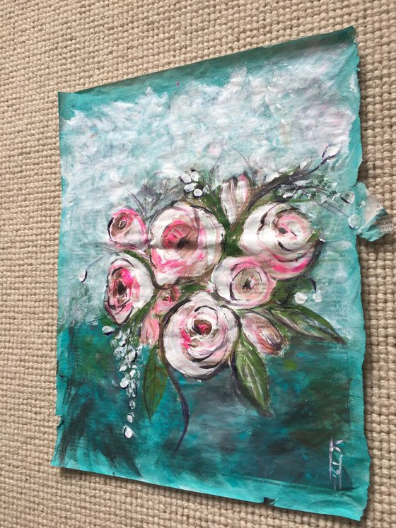 Pink Roses II Acrylic on Newspaper Nature Art Flower Painting of Colour Floral Art Still Life 37x29cm Gift Ideas Original Art Modern Art Contemporary Painting Abstract Art For Sale Buy Original Art Free Shipping