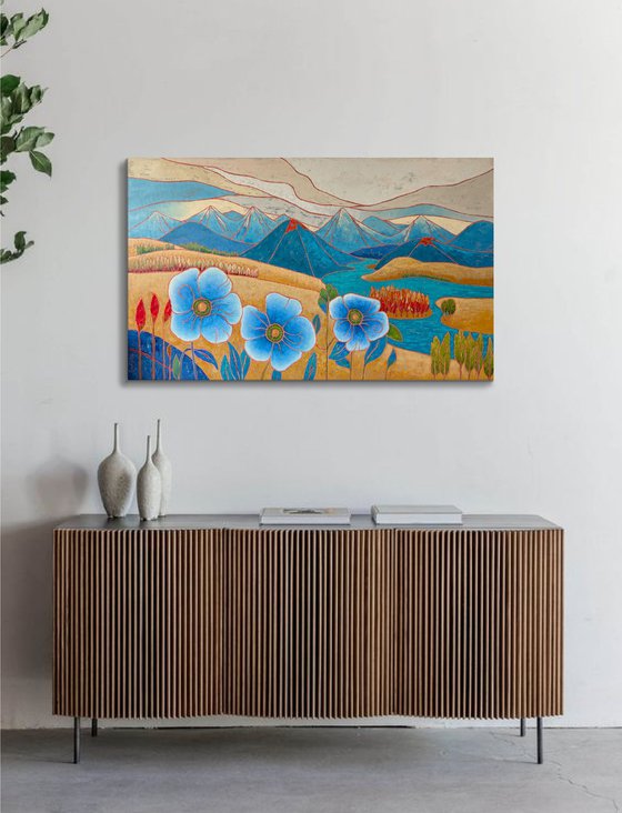 Blue poppies and mountain