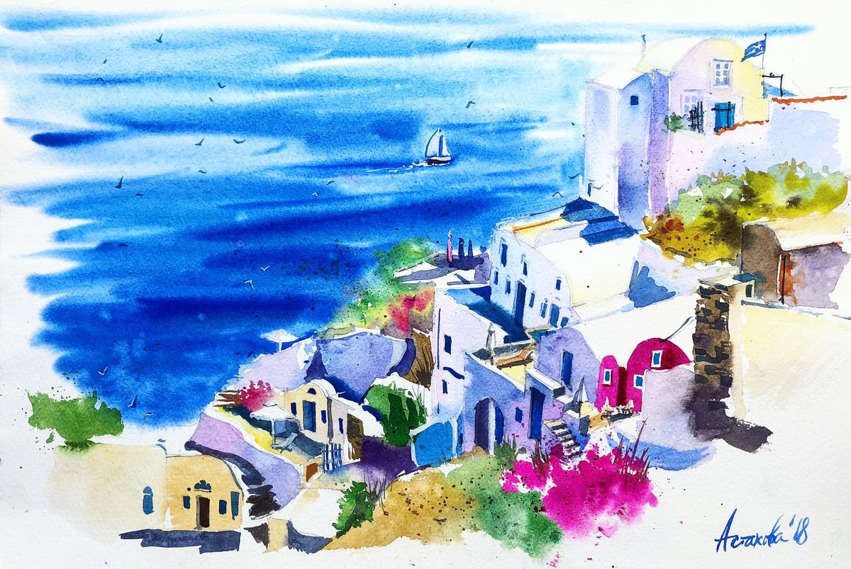 Impressionistic Cityscapes Watercolour By Ksenia Astakhova, 18 X 12", Dreaming Of Santorini, Original Artwork