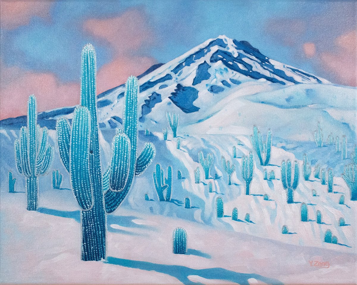 Surrealistic Landscape Oil Painting By Yue Zeng, 20 X 16", Frozen Cactus, Original Artwork