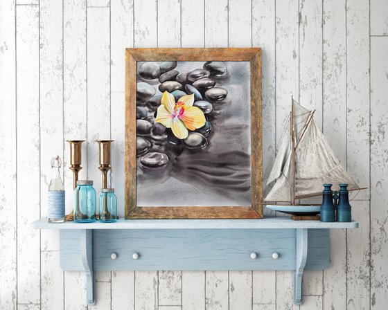 Diptych "Zen spa" - orchid and seastones - original watercolor grey, yellow and pink